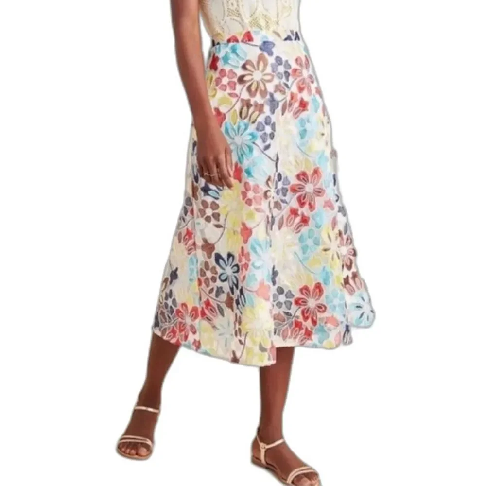 Eva Franco Anthropologie Women's Colorful Floral Embroidered Midi Skirt Size 10